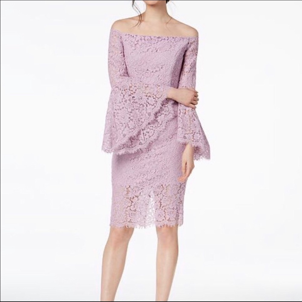 Bardot lilac off shoulder lace dress
